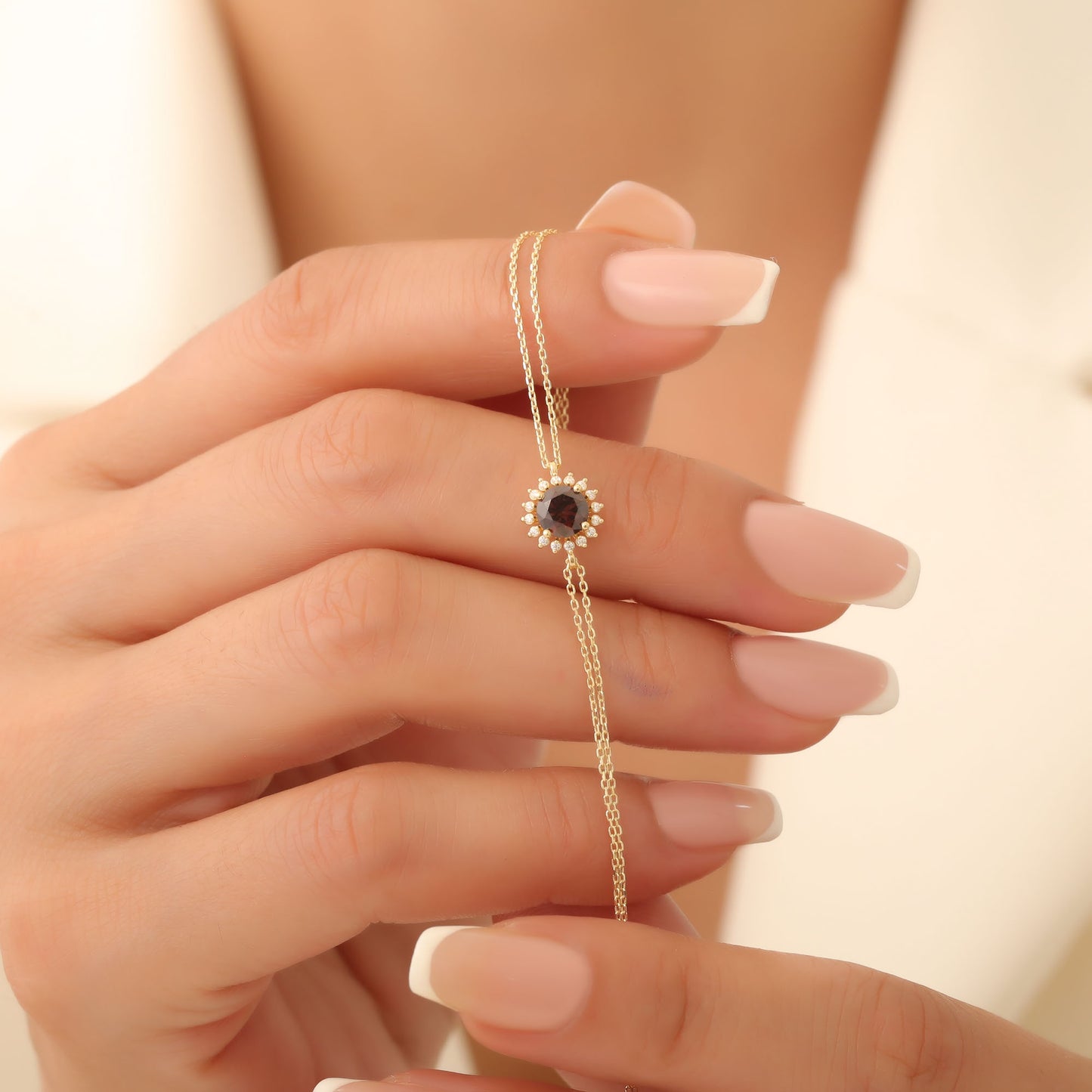 10K/14K Solid Gold Smoky Quartz Bracelet in Round Shape Surrounded by Real Diamonds