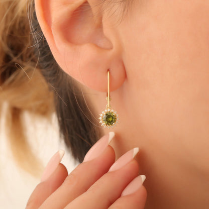 8K/10K/14K Solid Gold Peridot Dangle Earrings in Round Shape Surrounded by Real Diamonds, August Birthstone Jewelry