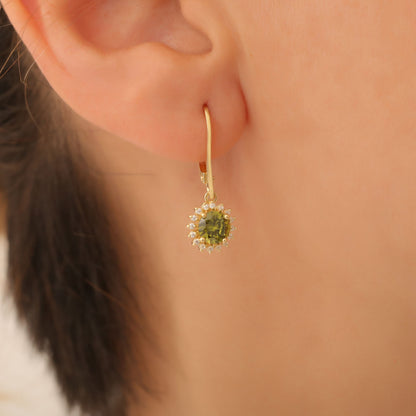 8K/10K/14K Solid Gold Peridot Dangle Earrings in Round Shape Surrounded by Real Diamonds, August Birthstone Jewelry