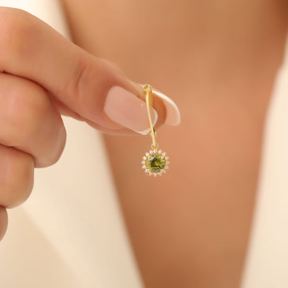8K/10K/14K Solid Gold Peridot Dangle Earrings in Round Shape Surrounded by Real Diamonds, August Birthstone Jewelry