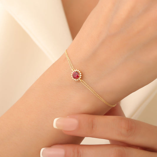 10K/14K Solid Gold Ruby Bracelet in Round Shape Surrounded by Real Diamonds