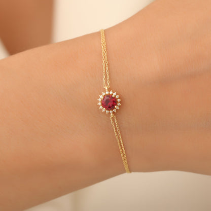 10K/14K Solid Gold Ruby Bracelet in Round Shape Surrounded by Real Diamonds