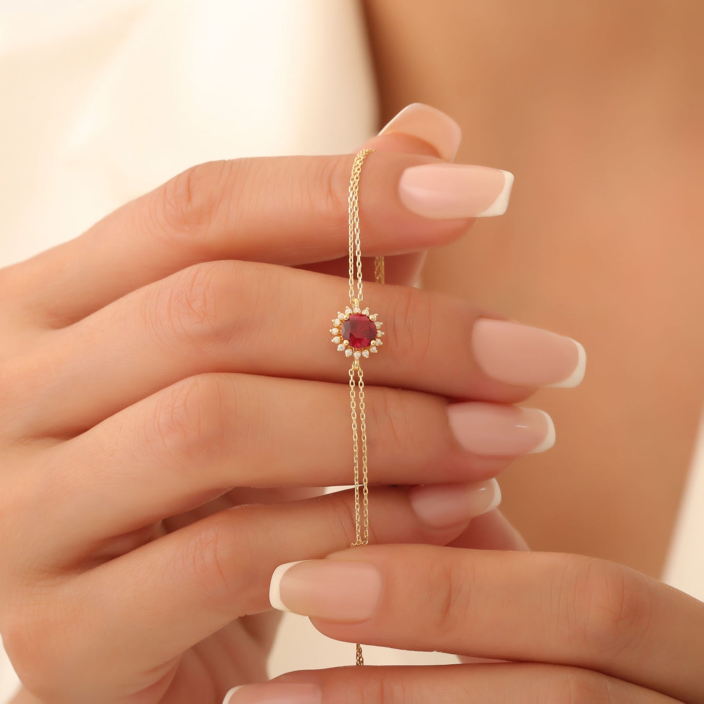 10K/14K Solid Gold Ruby Bracelet in Round Shape Surrounded by Real Diamonds