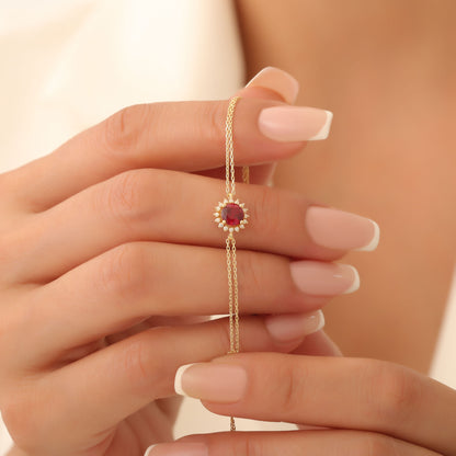 10K/14K Solid Gold Ruby Bracelet in Round Shape Surrounded by Real Diamonds