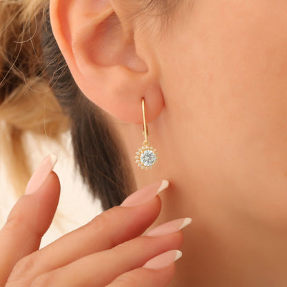 8K/10K/14K Solid Gold Aquamarine Dangle Earrings in Round Shape Surrounded by Real Diamonds, Birthstone Jewelry for March Gifts