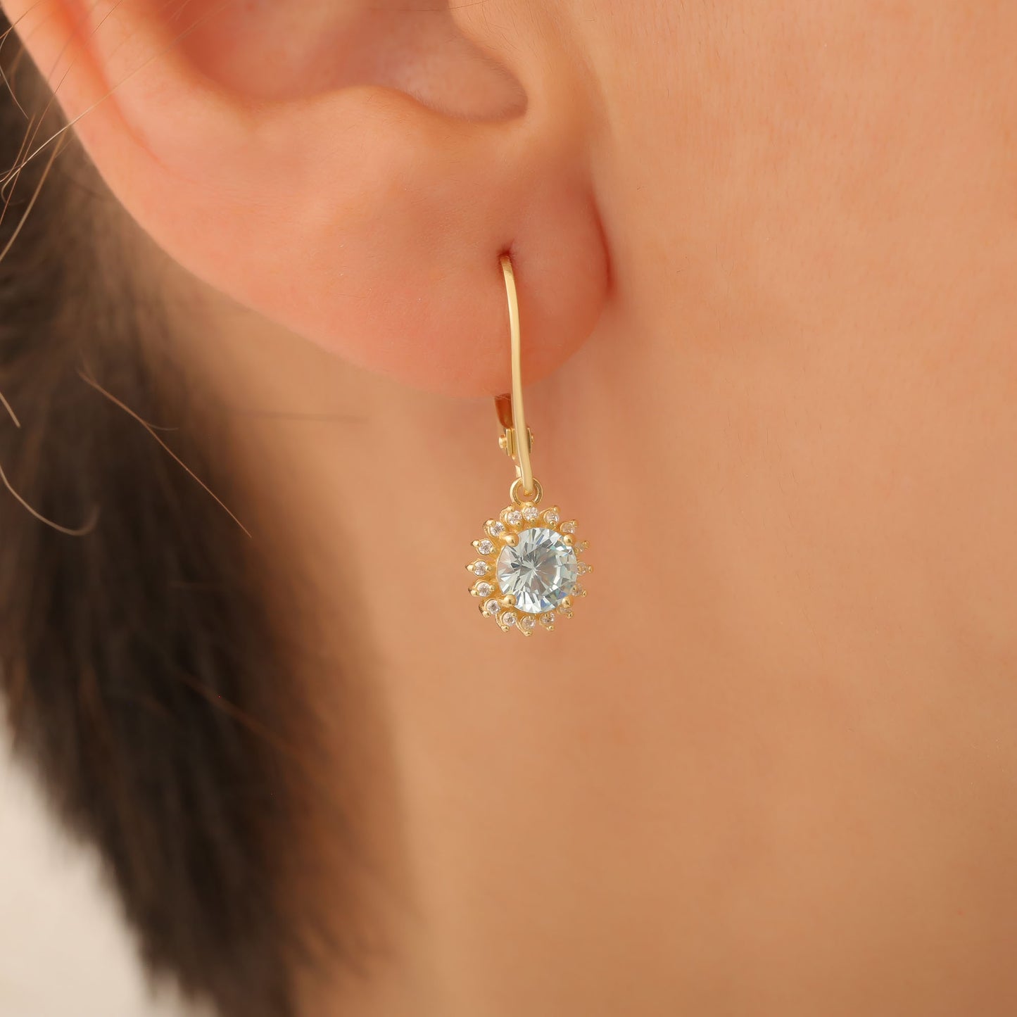 8K/10K/14K Solid Gold Aquamarine Dangle Earrings in Round Shape Surrounded by Real Diamonds, Birthstone Jewelry for March Gifts