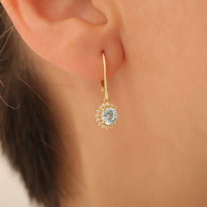 8K/10K/14K Solid Gold Aquamarine Dangle Earrings in Round Shape Surrounded by Real Diamonds, Birthstone Jewelry for March Gifts