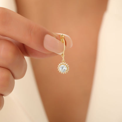 8K/10K/14K Solid Gold Aquamarine Dangle Earrings in Round Shape Surrounded by Real Diamonds, Birthstone Jewelry for March Gifts