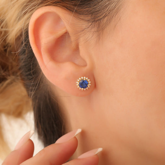 10K/14K Solid Gold Sapphire Stud Earrings in Round Shape Surrounded by Real Diamonds, Birthstone Jewelry for September