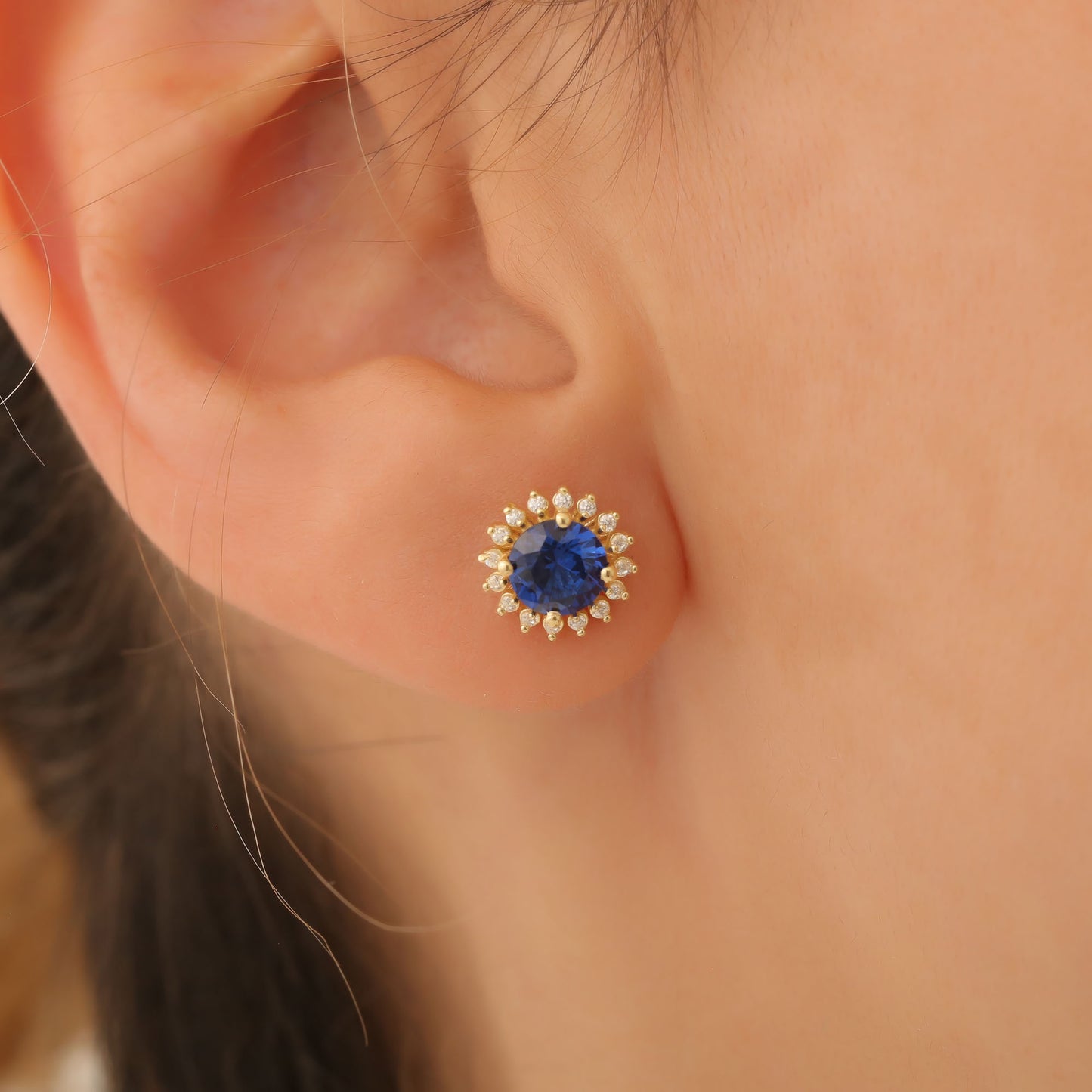 10K/14K Solid Gold Sapphire Stud Earrings in Round Shape Surrounded by Real Diamonds, Birthstone Jewelry for September