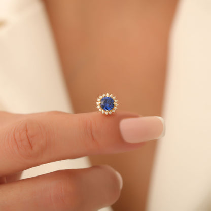 10K/14K Solid Gold Sapphire Stud Earrings in Round Shape Surrounded by Real Diamonds, Birthstone Jewelry for September