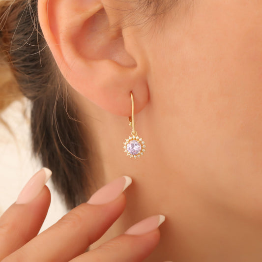 8K/10K/14K Solid Gold Alexandrite Dangle Earrings in Round Shape Surrounded by Real Diamonds, June Birthstone Jewelry