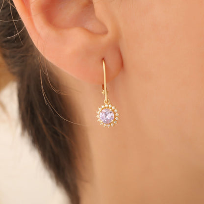 8K/10K/14K Solid Gold Alexandrite Dangle Earrings in Round Shape Surrounded by Real Diamonds, June Birthstone Jewelry