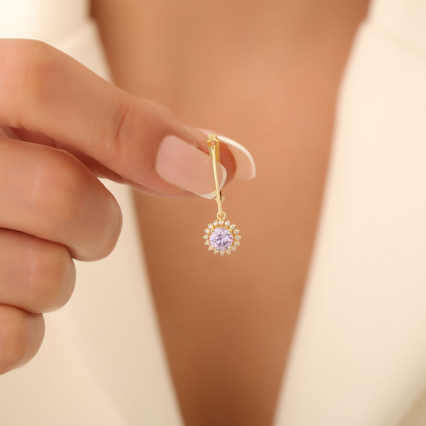 8K/10K/14K Solid Gold Alexandrite Dangle Earrings in Round Shape Surrounded by Real Diamonds, June Birthstone Jewelry