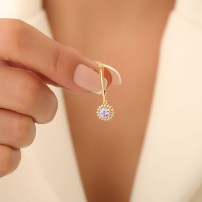 8K/10K/14K Solid Gold Alexandrite Dangle Earrings in Round Shape Surrounded by Real Diamonds, June Birthstone Jewelry