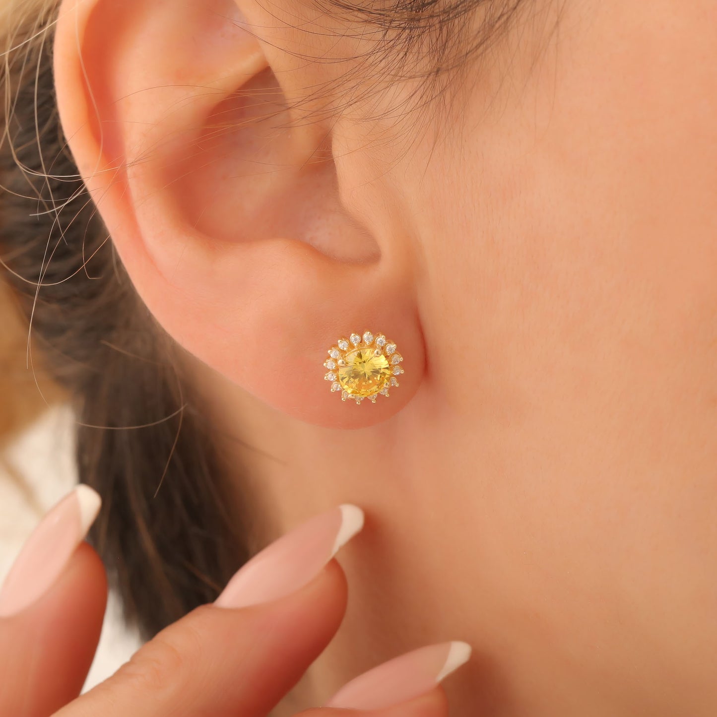 10K/14K Solid Gold Yellow Topaz Stud Earrings in Round Shape Surrounded by Real Diamonds