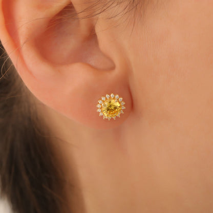 10K/14K Solid Gold Yellow Topaz Stud Earrings in Round Shape Surrounded by Real Diamonds