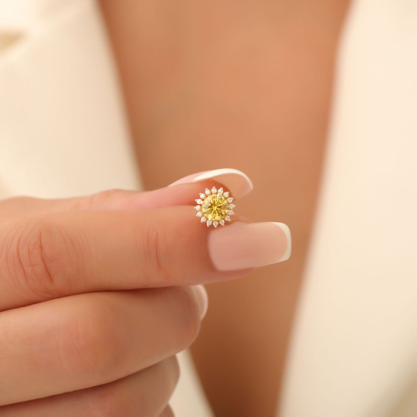 10K/14K Solid Gold Yellow Topaz Stud Earrings in Round Shape Surrounded by Real Diamonds