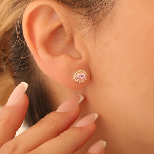 10K/14K Solid Gold Pink Tourmaline Stud Earrings in Round Shape Surrounded by Real Diamonds Timeless Jewelry for October