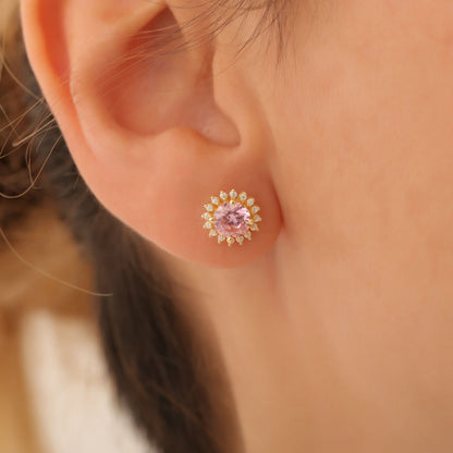 10K/14K Solid Gold Pink Tourmaline Stud Earrings in Round Shape Surrounded by Real Diamonds Timeless Jewelry for October
