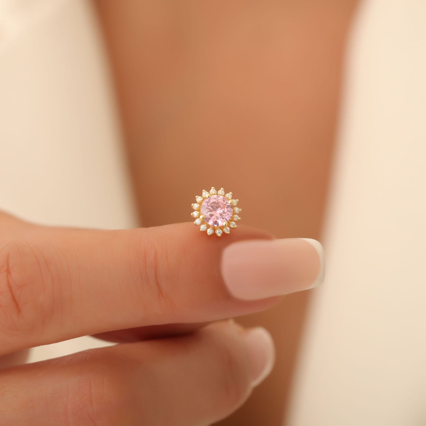 10K/14K Solid Gold Pink Tourmaline Stud Earrings in Round Shape Surrounded by Real Diamonds Timeless Jewelry for October