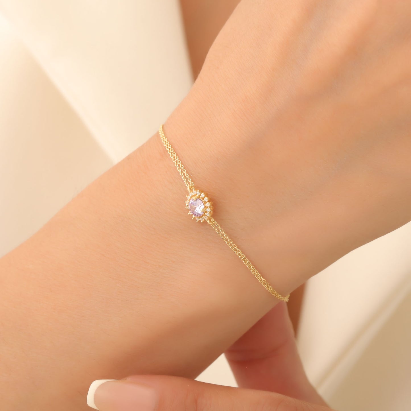 10K/14K Solid Gold Alexandrite Bracelet in Round Shape Surrounded by Real Diamonds, June Birthstone Jewelry