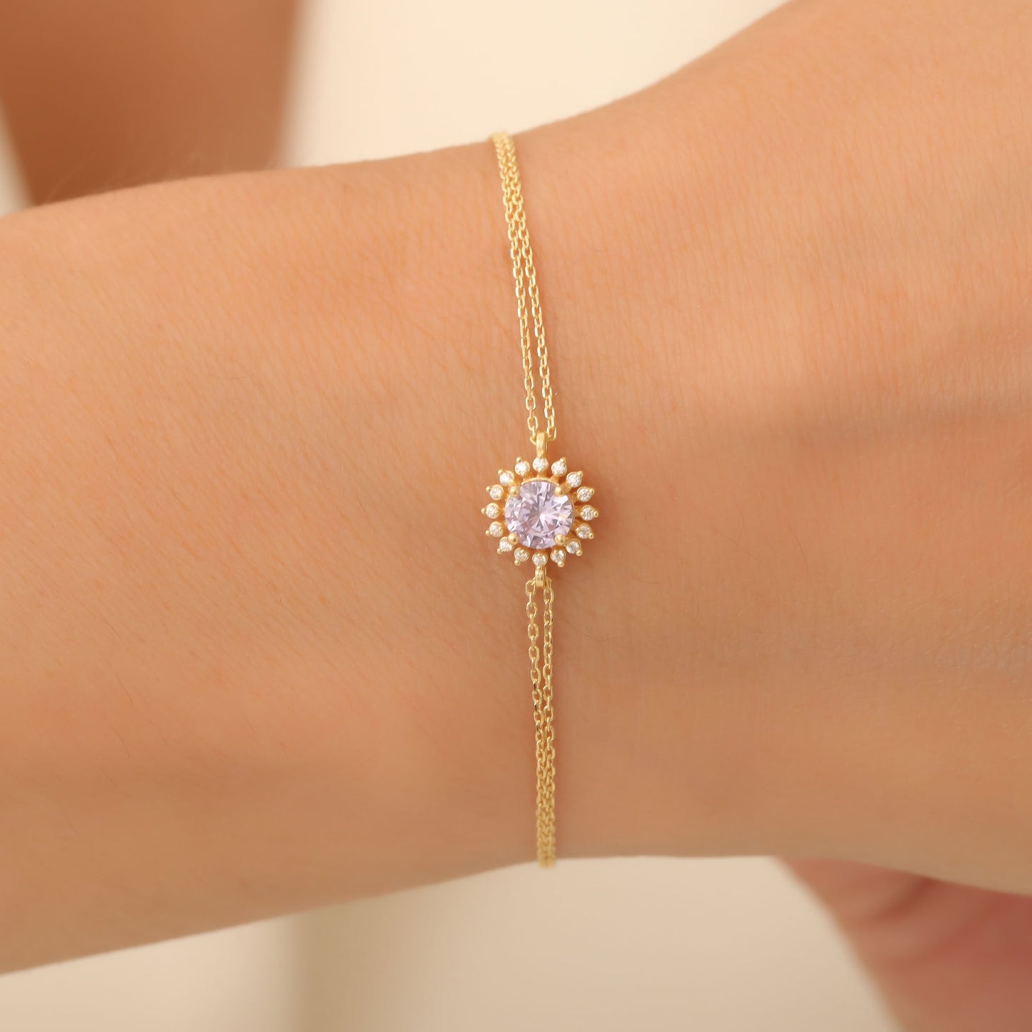 10K/14K Solid Gold Alexandrite Bracelet in Round Shape Surrounded by Real Diamonds, June Birthstone Jewelry