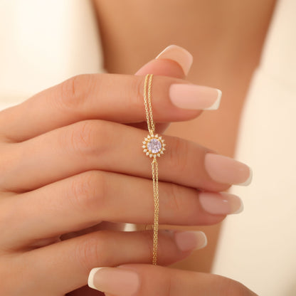 10K/14K Solid Gold Alexandrite Bracelet in Round Shape Surrounded by Real Diamonds, June Birthstone Jewelry