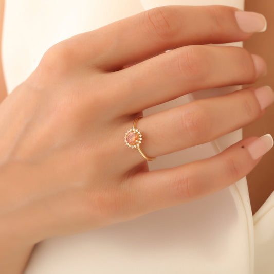 Citrine Ring in Round 8K/10K/14K Solid Gold Shape Surrounded by Real Diamonds, November Birthstone