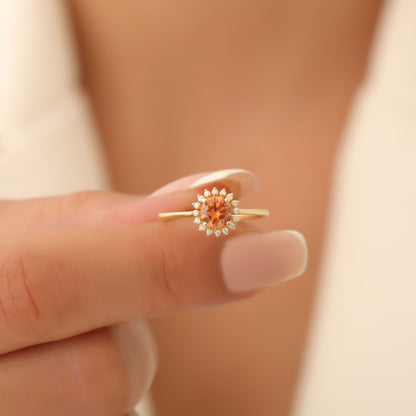 Citrine Ring in Round 8K/10K/14K Solid Gold Shape Surrounded by Real Diamonds, November Birthstone