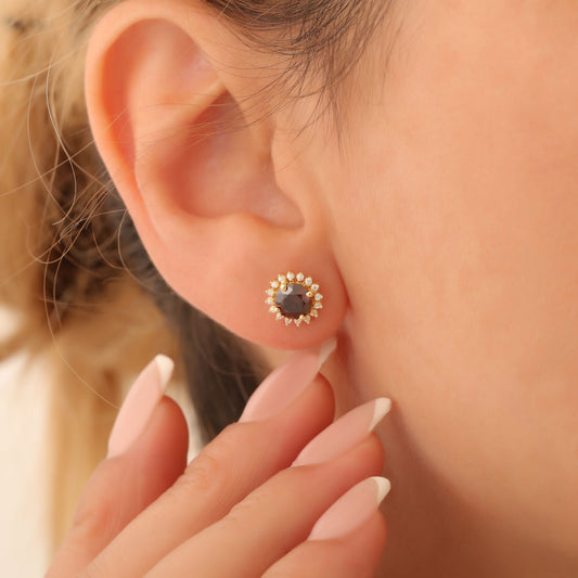 10K/14K Solid Gold Smoky Quartz Stud Earrings in Round Shape Surrounded by Real Diamonds