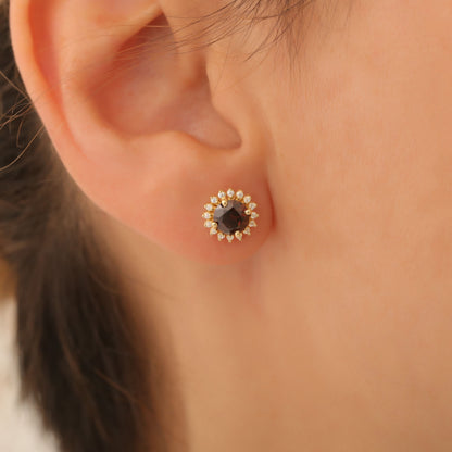 10K/14K Solid Gold Smoky Quartz Stud Earrings in Round Shape Surrounded by Real Diamonds