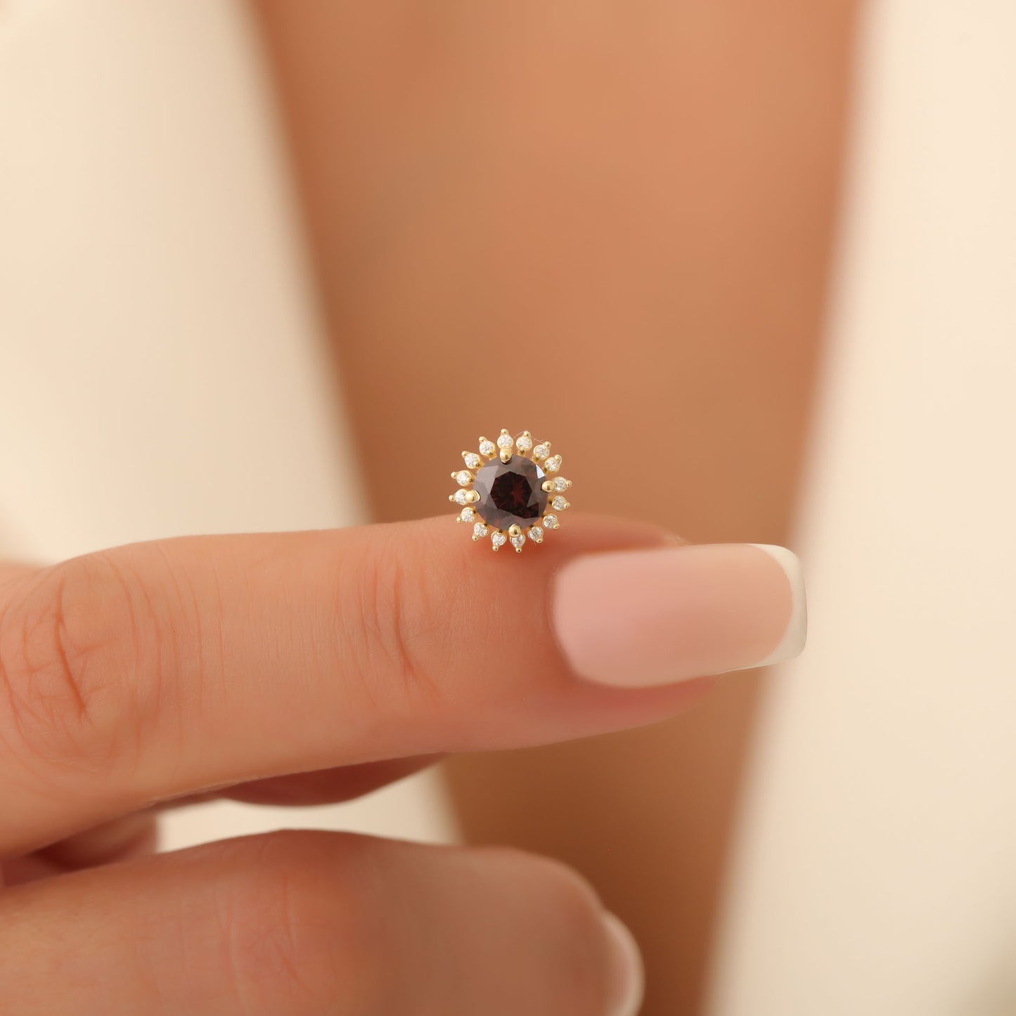 10K/14K Solid Gold Smoky Quartz Stud Earrings in Round Shape Surrounded by Real Diamonds