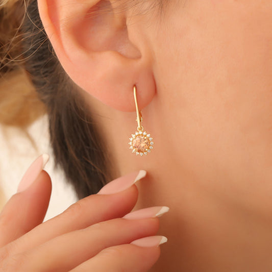 8K/10K/14K Solid Gold Citrine Dangle Earrings in Round Shape Surrounded by Real Diamonds, Timeless Birthstone Jewelry for November Gifts