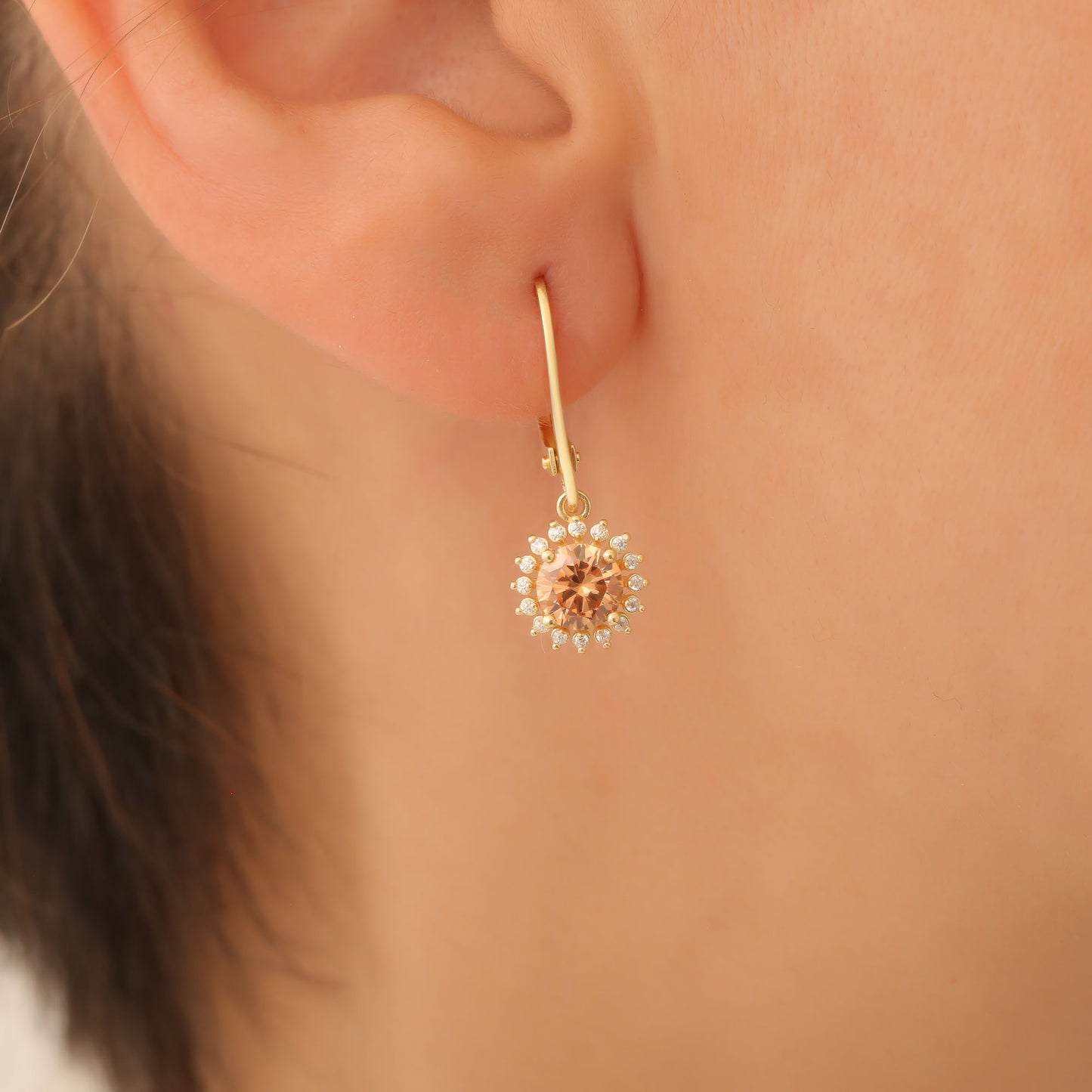 8K/10K/14K Solid Gold Citrine Dangle Earrings in Round Shape Surrounded by Real Diamonds, Timeless Birthstone Jewelry for November Gifts