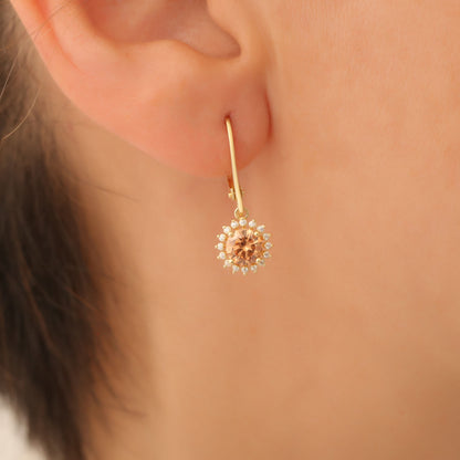 8K/10K/14K Solid Gold Citrine Dangle Earrings in Round Shape Surrounded by Real Diamonds, Timeless Birthstone Jewelry for November Gifts