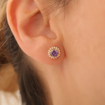 10K/14K Solid Gold Amethyst Stud Earrings in Round Shape Surrounded by Real Diamonds, February Birthstone Jewelry