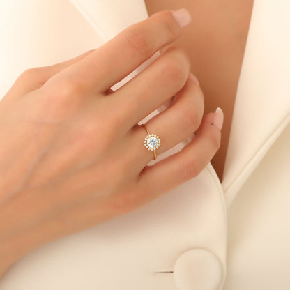 Aquamarine Ring in Round 8K/10K/14K Solid Gold Shape Surrounded by Real Diamonds, March Birthstone