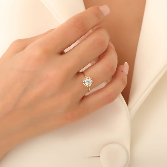 Aquamarine Ring in Round 8K/10K/14K Solid Gold Shape Surrounded by Real Diamonds, March Birthstone