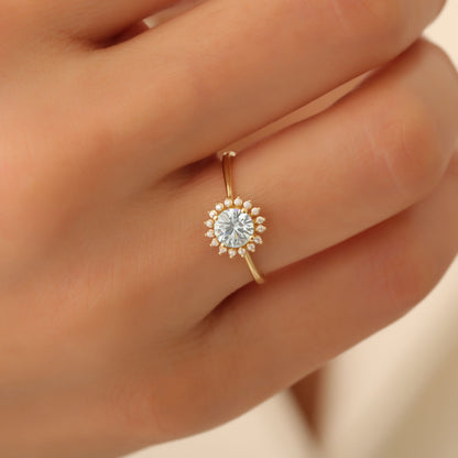 Aquamarine Ring in Round 8K/10K/14K Solid Gold Shape Surrounded by Real Diamonds, March Birthstone