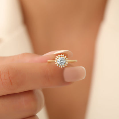 Aquamarine Ring in Round 8K/10K/14K Solid Gold Shape Surrounded by Real Diamonds, March Birthstone