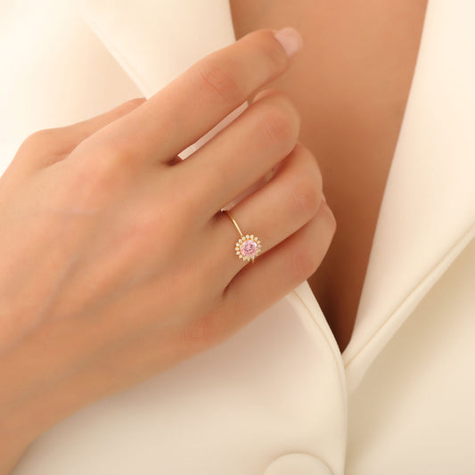 Pink Tourmaline Ring in Round 8K/10K/14K Solid Gold Shape Surrounded by Real Diamonds, October Birthstone