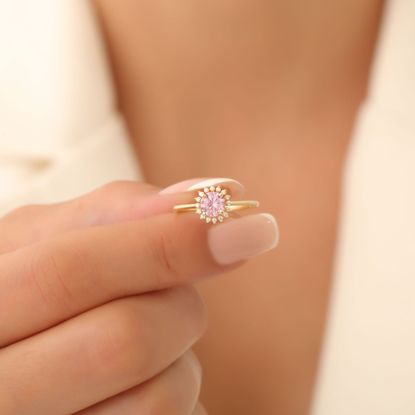 Pink Tourmaline Ring in Round 8K/10K/14K Solid Gold Shape Surrounded by Real Diamonds, October Birthstone
