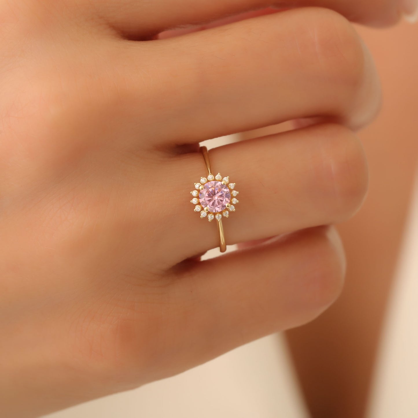 Pink Tourmaline Ring in Round 8K/10K/14K Solid Gold Shape Surrounded by Real Diamonds, October Birthstone