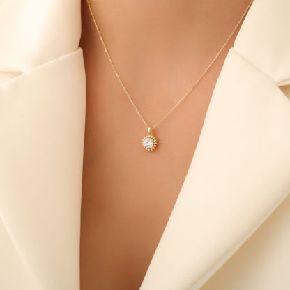 10K/14K Solid Gold White Topaz Necklace in Round Shape Surrounded by Real Diamonds, Birthstone Jewelry for April Gifts