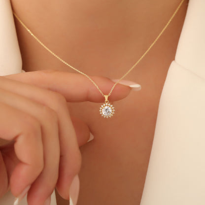 10K/14K Solid Gold White Topaz Necklace in Round Shape Surrounded by Real Diamonds, Birthstone Jewelry for April Gifts