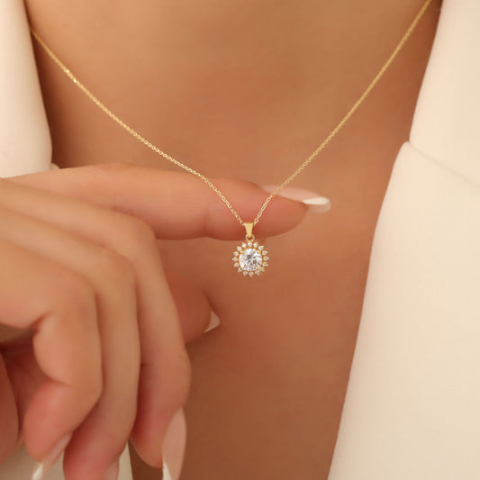 10K/14K Solid Gold White Topaz Necklace in Round Shape Surrounded by Real Diamonds, Birthstone Jewelry for April Gifts