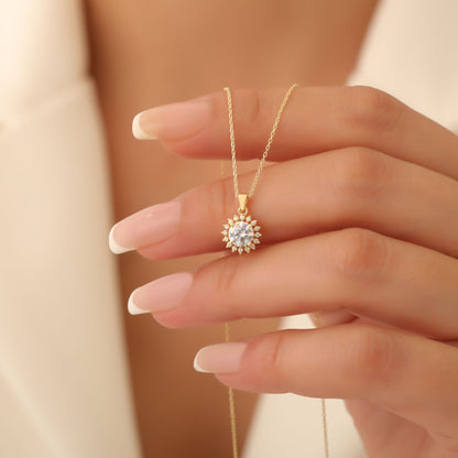 10K/14K Solid Gold White Topaz Necklace in Round Shape Surrounded by Real Diamonds, Birthstone Jewelry for April Gifts