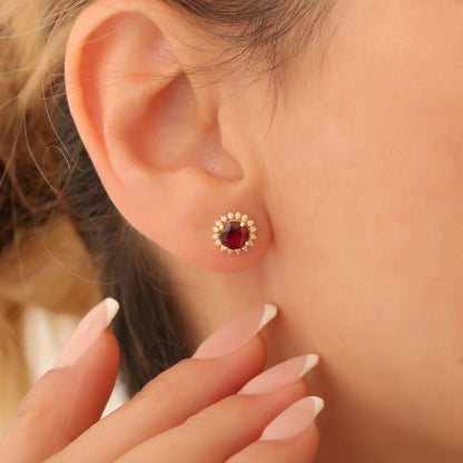 10K/14K Solid Gold Ruby Stud Earrings in Round Shape Surrounded by Real Diamonds, July Birthstone Gift
