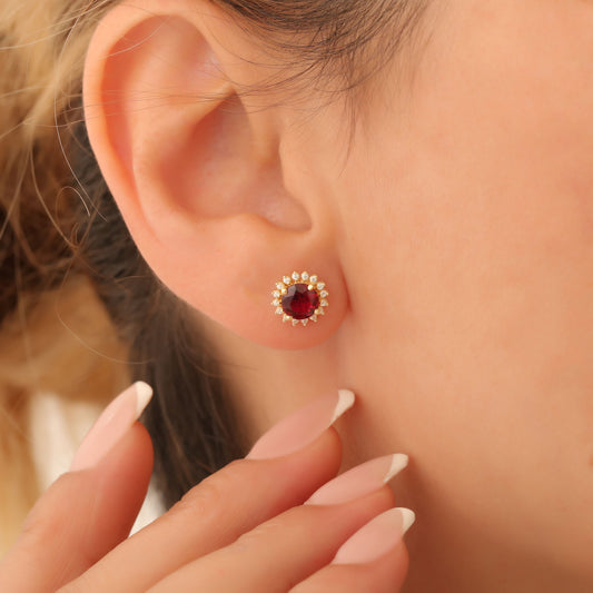 10K/14K Solid Gold Ruby Stud Earrings in Round Shape Surrounded by Real Diamonds, July Birthstone Gift
